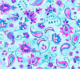 Watercolor hand painted paisley seamless pattern. Whimsical flowers, leaves, brunches, paisley. Oriental illustration. Islam, arabic, indian, spain, turkish, pakistan, ottoman motif. Water color print