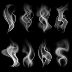 Obraz premium White realistic smoke. Food steam, hookah or cigarette, hot tea or coffee vapor texture, fog mist or smog abstract elements, steam effect. Isolated on black background vector set