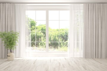Fototapeta premium White empty room with summer landscape in window. Scandinavian interior design. 3D illustration