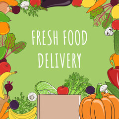 Vegetables and fruits square frame. Organic market banner and healthy food template. Concept of fresh food delivery. Hand drawn vector illustration.