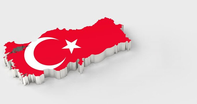 3D rendered, Turkey map with national flag and silver beveled edges. Falling from above and venting some dust on white background  Large copy space and full 4K resolution.