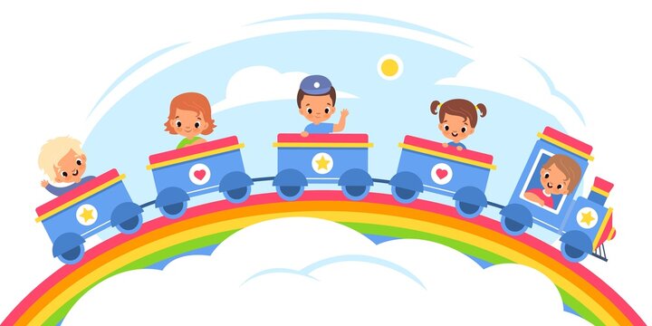 Kids steam train. Happy children carriages ride on rainbow in sky, little passengers in blue locomotive and wagons, cute boys and girls travel in baby trailers. Vector concept