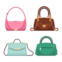 Bags ladies. Women handbags fashion accessories collection. Summer colorful green, pink and brown leather trendy glamour purses. Vector modern cartoon isolated fashionable set