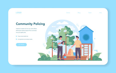 Naklejka premium Police officer web banner or landing page. Policeman patrol the city