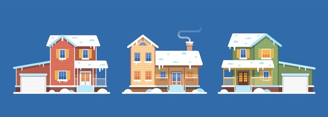 Homes in snow. Winter houses, cottages and townhomes, snowy buildings with garage and terrace, christmas hotel front view. Real estate flat vector isolated set on blue background