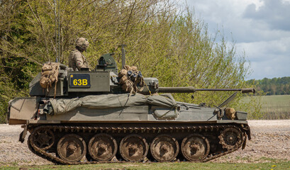 british army FV107 Scimitar armoured tracked military reconnaissance vehicle on maneuvers Salisbury...