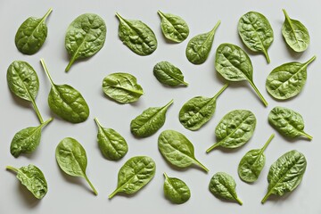 Creative layot from fresh spinach leaves on modern gray background. 