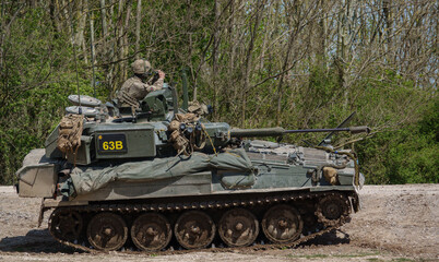british army FV107 Scimitar armoured tracked military reconnaissance vehicle on maneuvers Salisbury Plain military training area