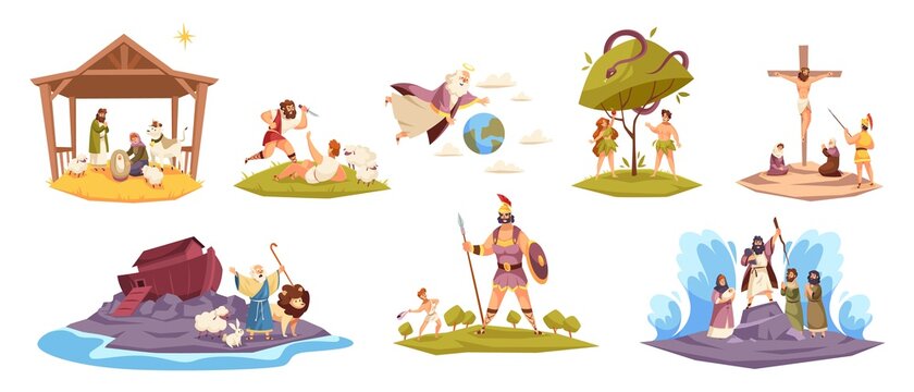 Bible characters. Ancient sacred cult book characters, holy book key scenes, Christ birth in manger, virgin Mary, world flood, Adam and Eve in garden of paradise, Cain and Abel vector set