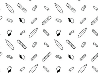 Seamless pattern with extreme sport atributes like surf, snowboard, skateboard. Vectror illustration in monochrome style. Design element for poster, card, banner