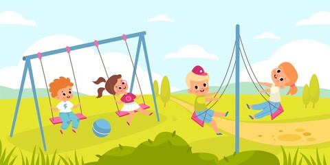 Obraz na płótnie Canvas Children rope swings. Funny kids play outdoor, fly back and forth different types seesaws, boys and girl activity on nature. School or kindergarten playground summer landscape vector concept