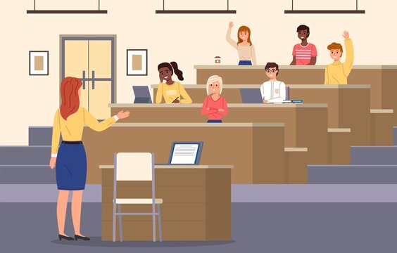 Student lecture hall. Conference auditorium with teacher and young learners, listeners on seminar, professor woman and young people in university and college. Education vector concept