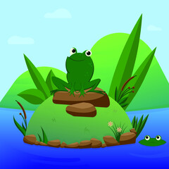 cute frog sitting on hillock in pond. Children illustration in cartoony style.