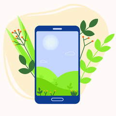 Smartphone with picture of nature landscape on screen. beautyful nature in virtual reality of digital world.