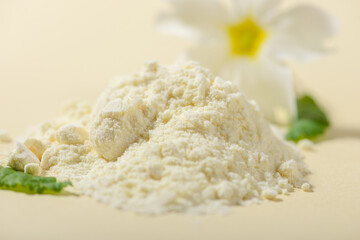 Dried Royal jelly powder on light background.