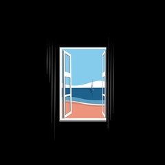 The window of the room with a sea view. Vector illustration.