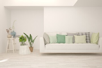 White living room with sofa. Scandinavian interior design. 3D illustration