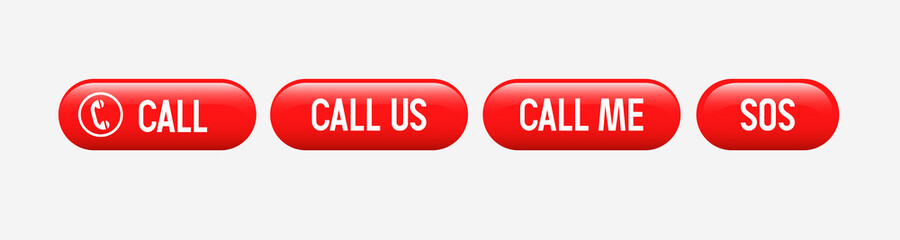 Call buttons set. Call us, call me,  SOS. Red vector buttons isolated on white background.