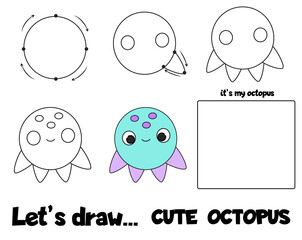 Drawing tutorial for children. Printable creative activity for kids. How to draw step by step octopus
