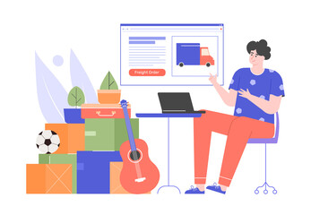 Naklejka premium Moving to a new apartment, house. A man at a laptop orders a service for the transportation of things. Boxes, houseplants, guitar. Online delivery order. Vector flat illustration.