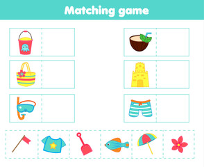 Matching children educational game. Match beach objects with each other. Activity for kids and toddlers summer holidays theme