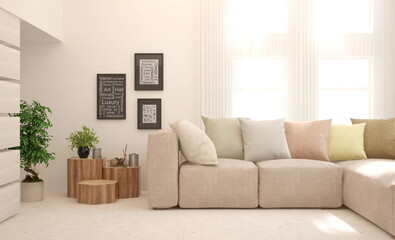 Soft color living room with sofa. Scandinavian interior design. 3D illustration