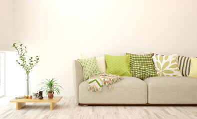 White living room with sofa. Scandinavian interior design. 3D illustration