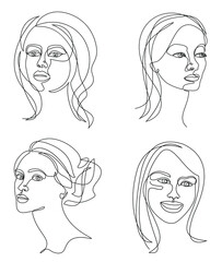 Collection. Silhouettes of the girl's head. Woman face in modern one line style. Solid line, aesthetic outline for decor, posters, stickers, logo. Vector illustration set.