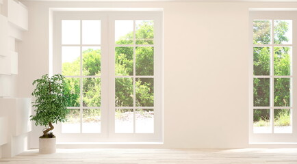 White empty room with summer landscape in window. Scandinavian interior design. 3D illustration