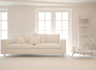 White minimalist living room with sofa. Scandinavian interior design. 3D illustration