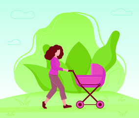 A girl with a pram are walking through green natural area