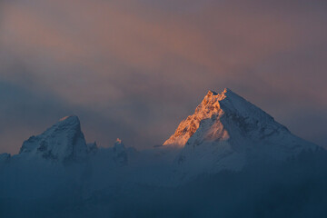 Watzmann mountain range at sunrise in winter, bavarian alps