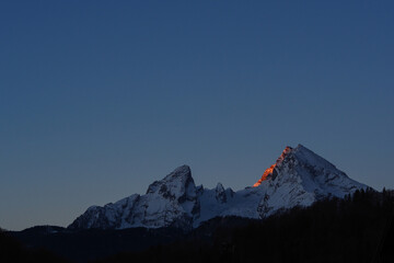 peak of Mt. Watzmann at sunrise in winter, bavarian alps