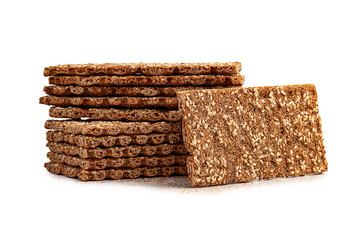 Isolated stack rye, wheat crisp bread cookie on white background. Isolated Snack Bread.