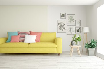 Modern living room in white color with sofa. Scandinavian interior design. 3D illustration