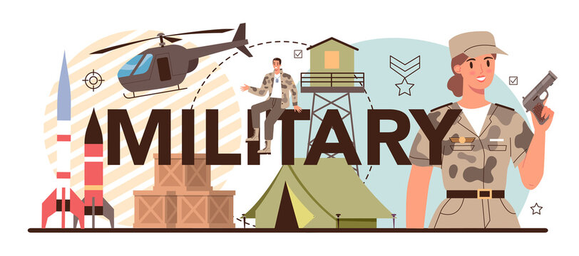 Millitary typographic header. Soldier in camouflage with a weapon.