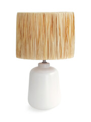 White minimalist table lamp and bamboo weave isolated on white background. Close up of white...