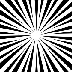 Black and white optical illusion burst background. Halftone effect. Abstract radial, convergent lines. Explosion, radiation, zoom, visual effect. Sun or star rays for Comic Books in pop art style.