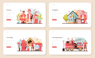 Fototapeta premium Firefighter web banner or landing page set. Professional fire brigade