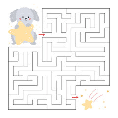 Education maze for preschool children. Cute cartoon dog with stars. Labyrinth game. Help the puppy to find falling star. Vector illustration.