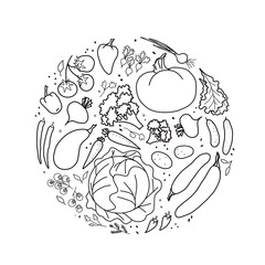 Set of useful vegetables, black and white drawing in a circle