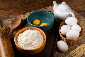 Ingredients for making a cake on the table.