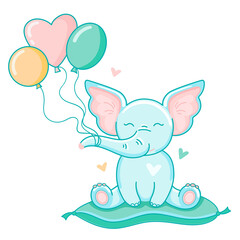 Obraz na płótnie Canvas Vector illustration flat cute elephant with colored balloons on a soft pillow.