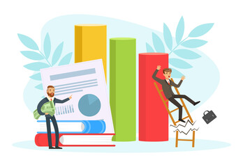 Unsuccessful Businessman Falling Down from Broken Ladder, Business Failure, Work Mistake, Bankruptcy Concept Vector Illustration