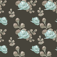 watercolor illustration seamless pattern,watercolor powder roses and blue grass with oval leaves on a gray background for classic wallpaper,fabric and furniture