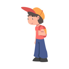 Little Boy with Backpack Standing and Looking at Something with Interest Vector Illustration