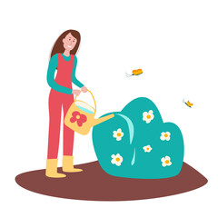 Girl watering bush with flowers. Vector illustration for magazines, covers, background, cards, banners