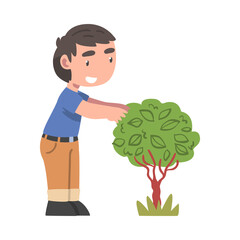 Curious Boy Standing Near Growing Green Bush Studying Plant and Exploring Environment Vector Illustration