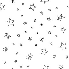 Hand drawn stars seamless pattern. Monochrome texture background of star doodle illustrations.