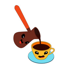 Cartoon cezve and cup with coffee. Cezve  is pouring coffee into a cup, cezve and cup are emoji. 